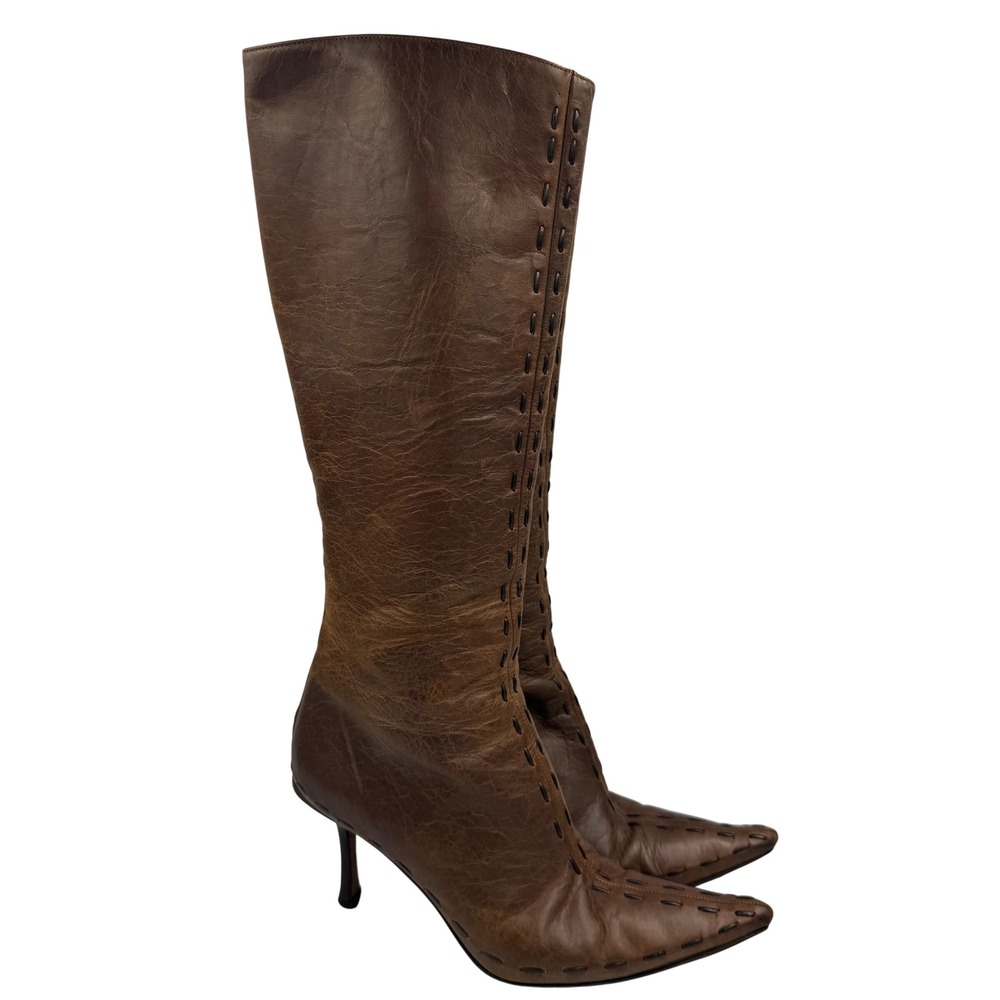 Jimmy Choo Knee High Boots 36.5 Brown Leather Whipstitch Pointed Toe Stiletto
